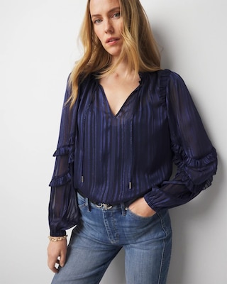Ruffle Sleeve Sheer Striped Blouse | White House Black Market